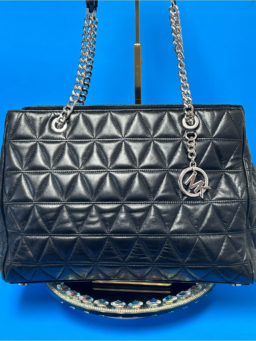 Michael Kors Black Quilted Leather Shoulder Bag w/Chain Straps Approx. 16x 10x4
